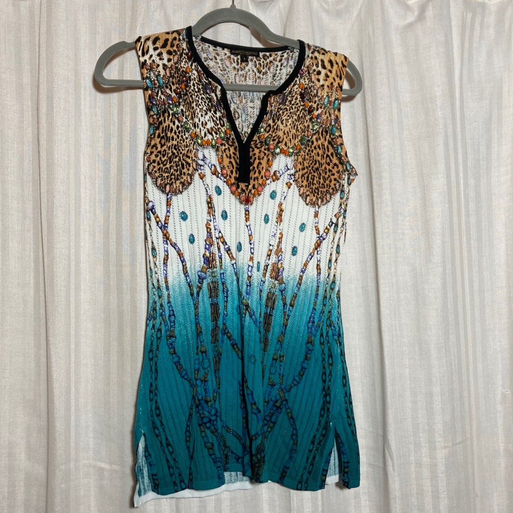 Alberto Makali Leopard Ombre Beaded Pointelle Knit Tunic Top Teal Brown S Bold